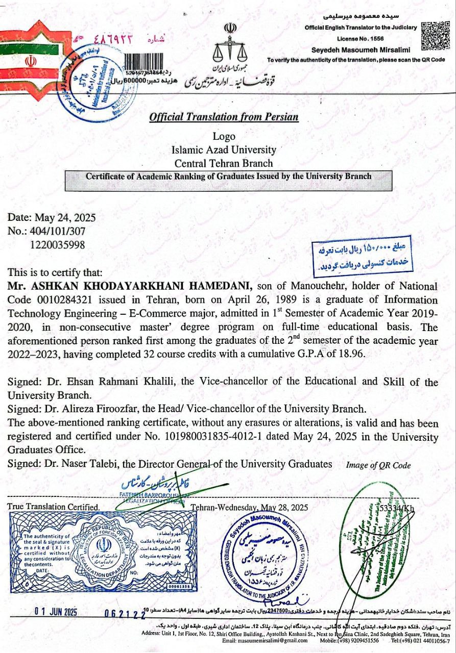 Ranked 1st in the Master's Degree in Information Technology Engineering (E-Commerce)